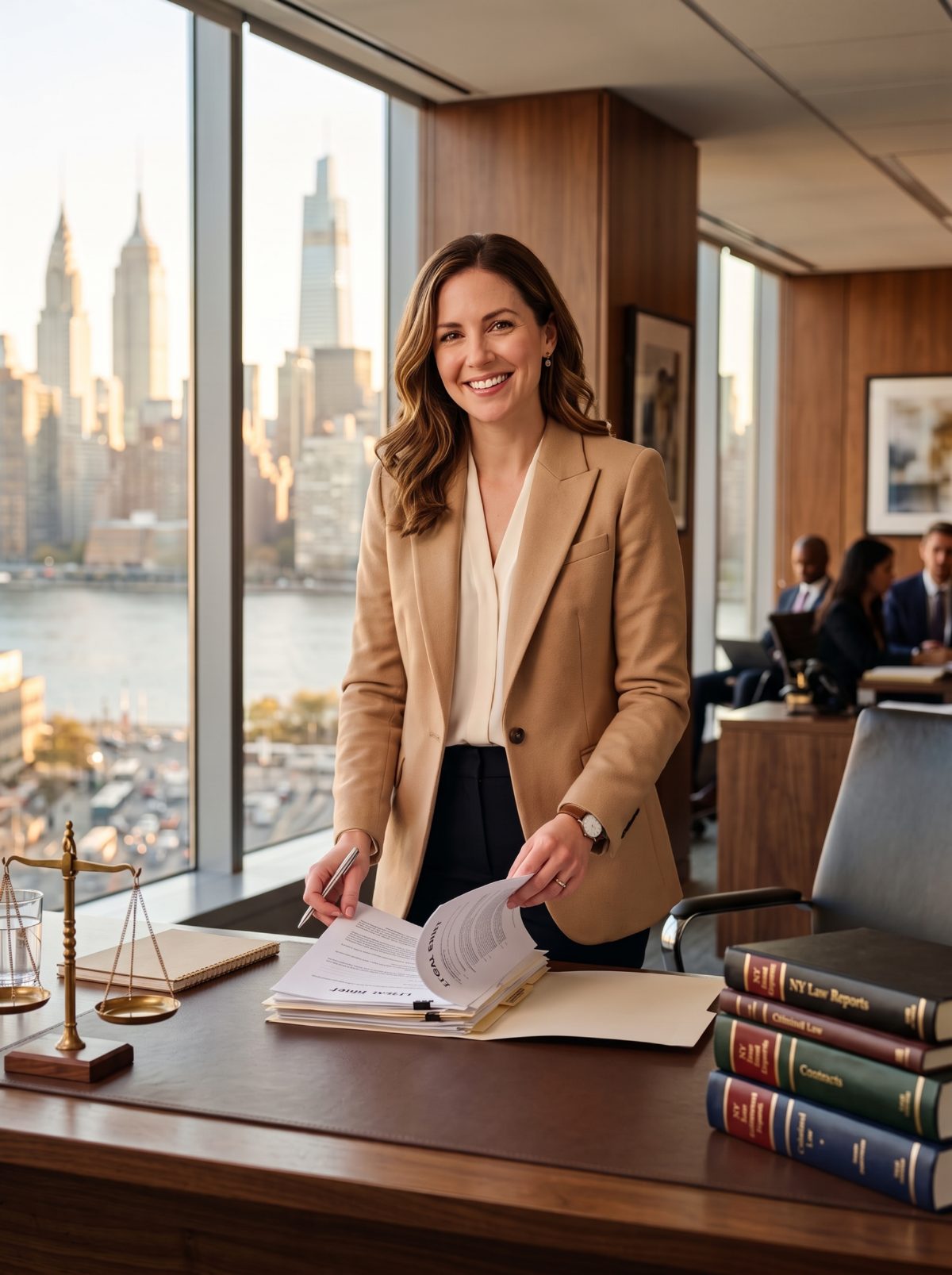 Attorney at her New York office, with the Manhattan skyline in the background