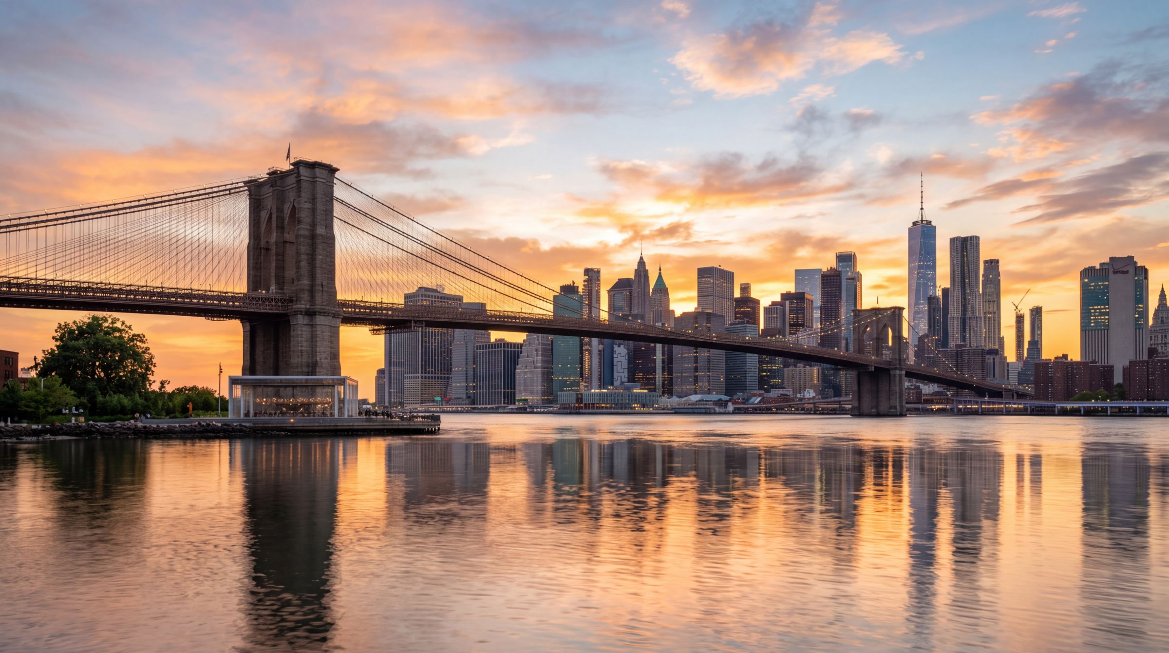The Brooklyn Bridge and Manhattan skyline at sunset
